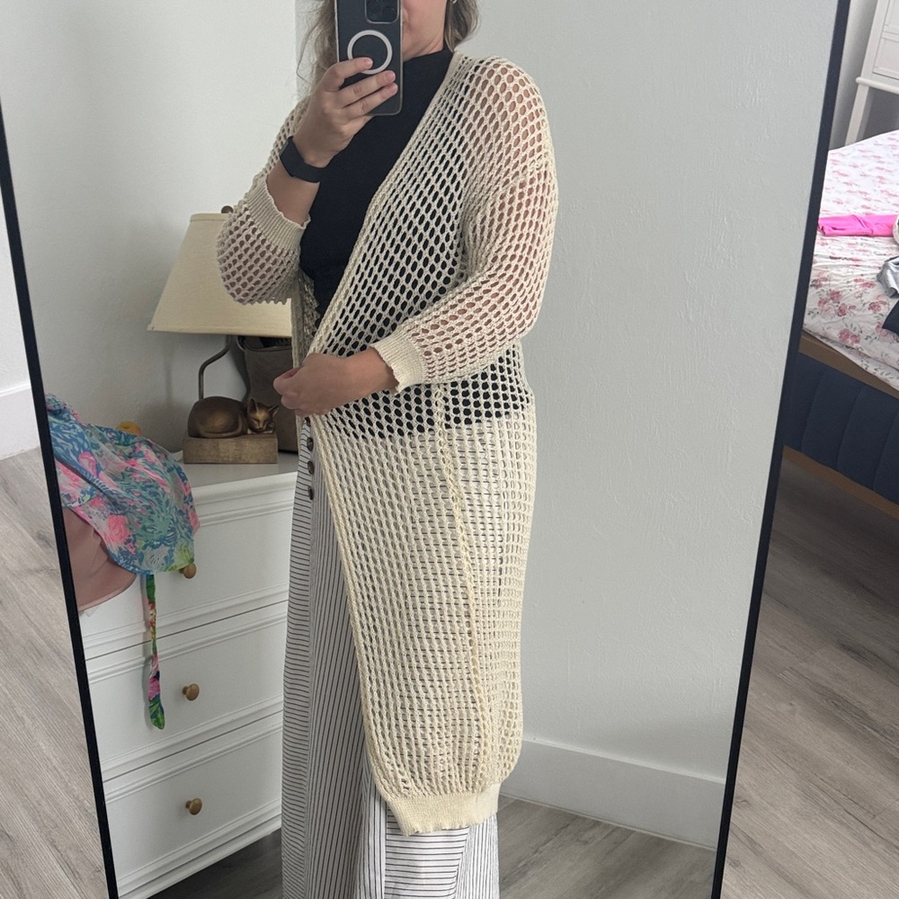 Cream Open-Knit Long Cardigan Sweater